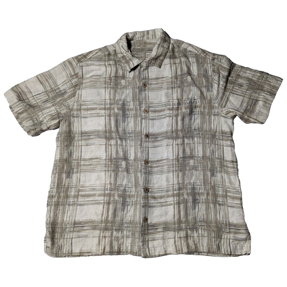 CARIBBEAN PURE SILK Men Large Beige Abstract Short Sleeve Button-Up Shirt